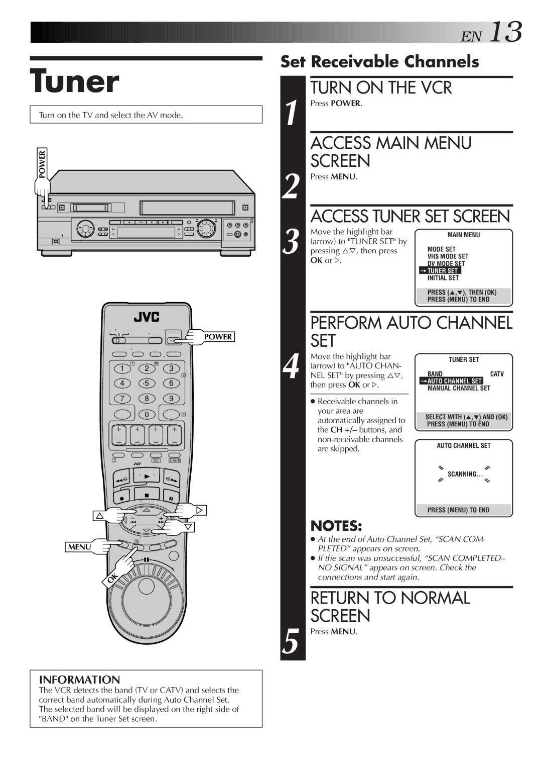 JVC SR-VS20U manual Set Receivable Channels, Access Tuner SET Screen 