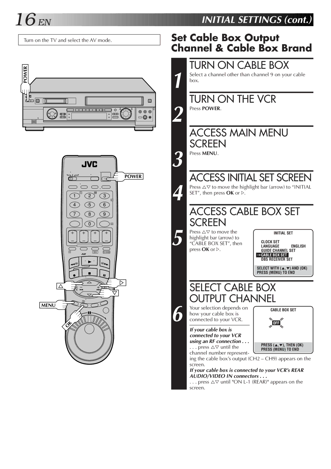 JVC SR-VS20U manual Turn on Cable BOX, Access Cable BOX SET Screen, Select Cable BOX Output Channel 