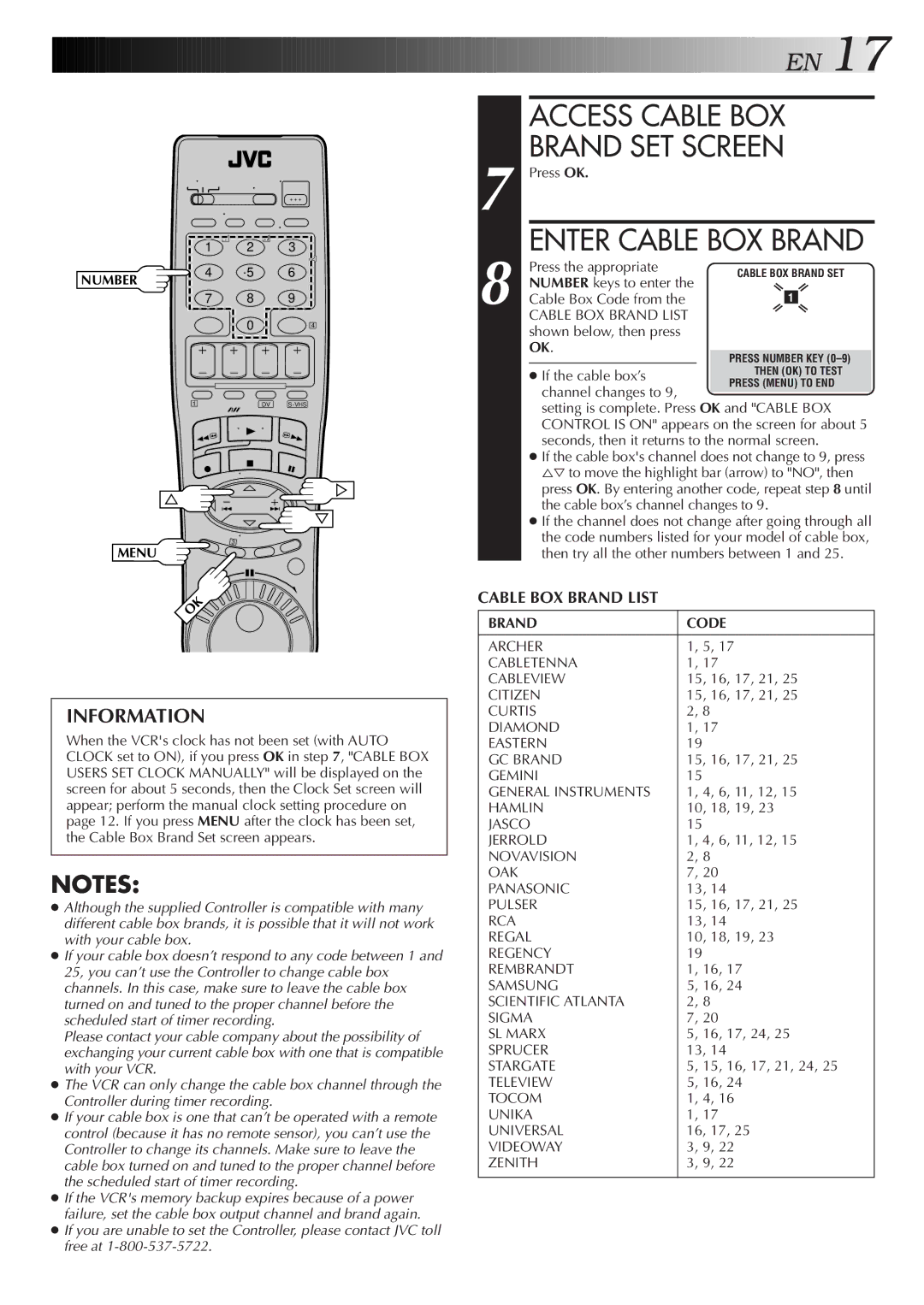 JVC SR-VS20U manual Access Cable BOX Brand SET Screen, Enter Cable BOX Brand, Brand Code 