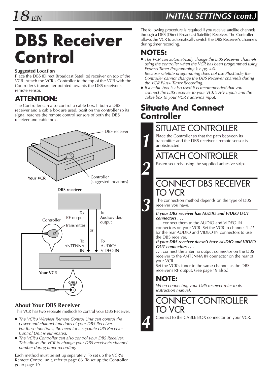 JVC SR-VS20U manual DBS Receiver Control, Connect DBS Receiver to VCR, DBS receiver 