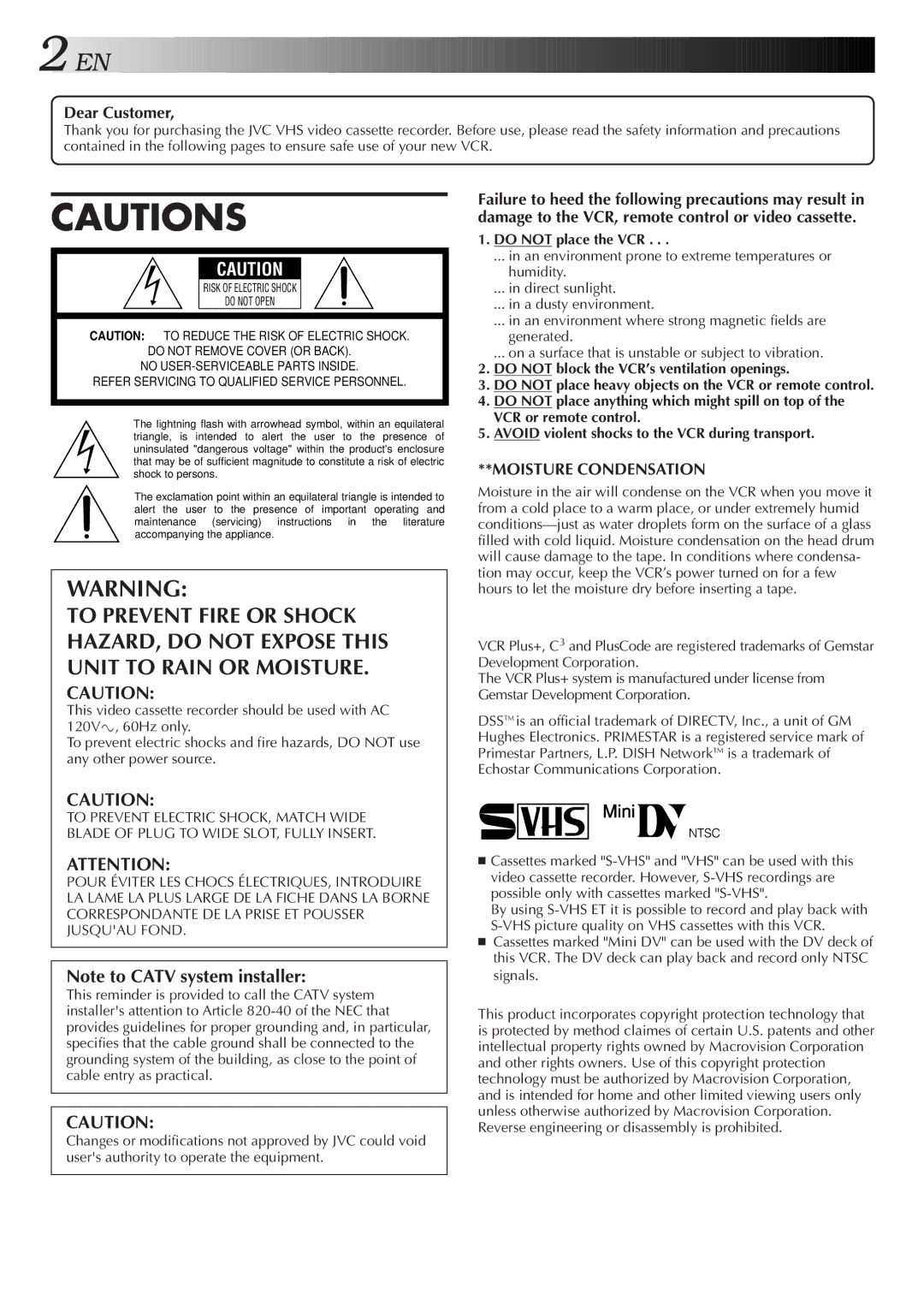 JVC SR-VS20U manual Dear Customer, Do not place the VCR 