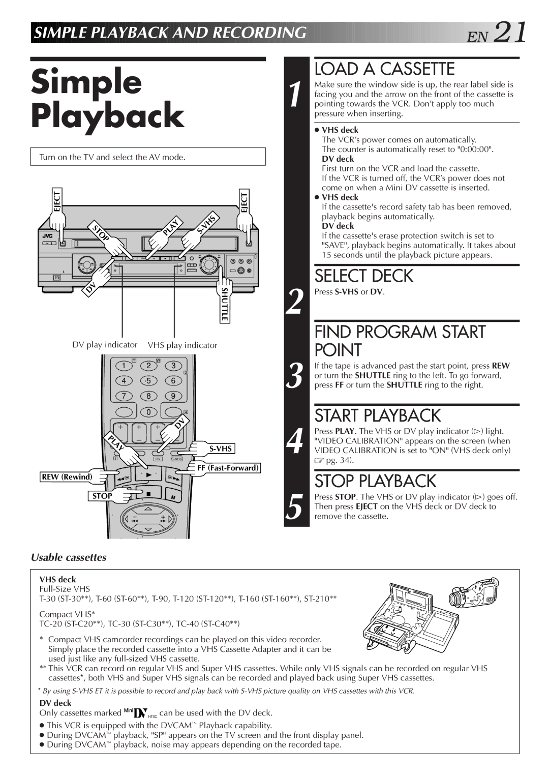 JVC SR-VS20U manual Simple Playback 