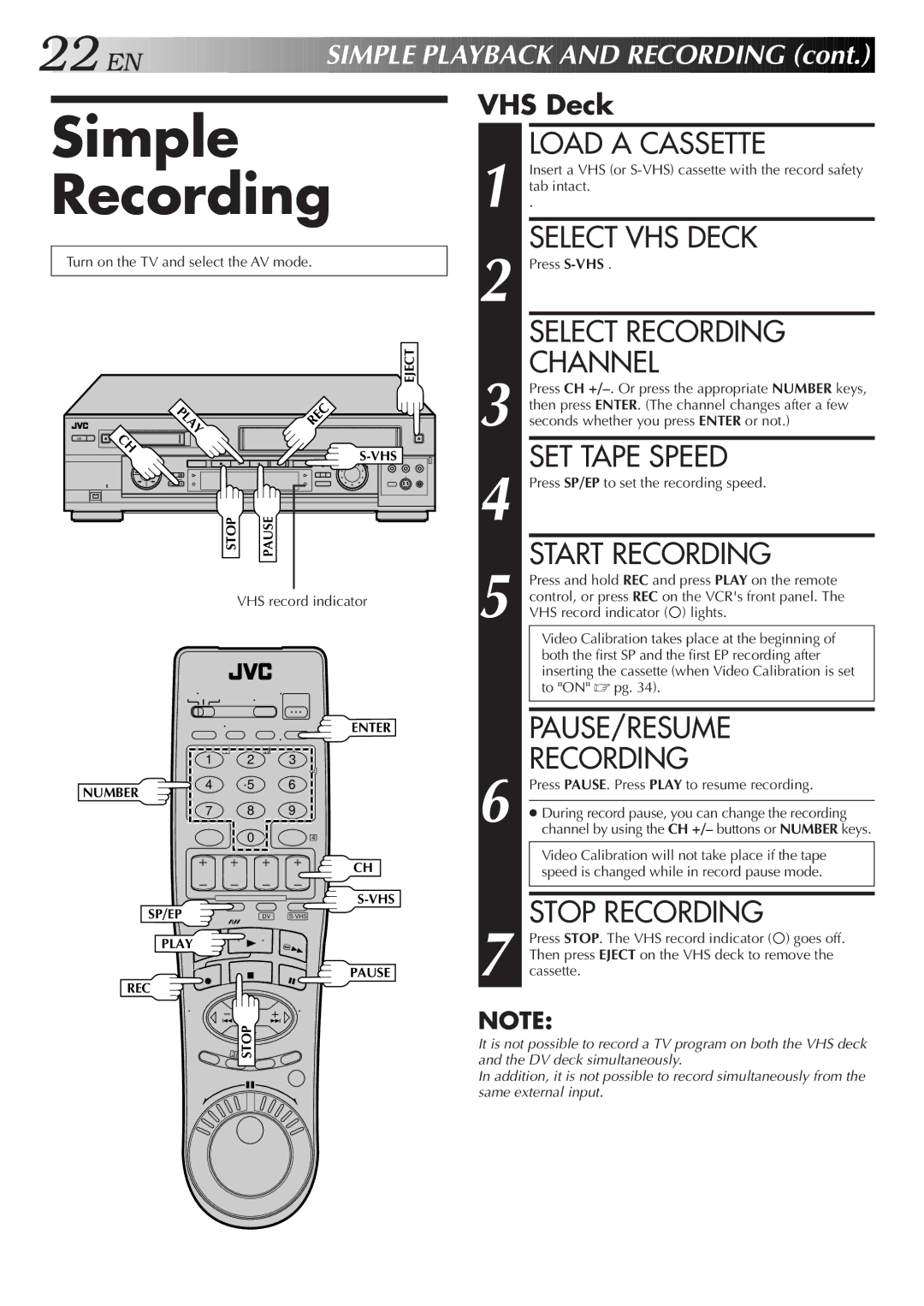 JVC SR-VS20U manual Simple Recording 