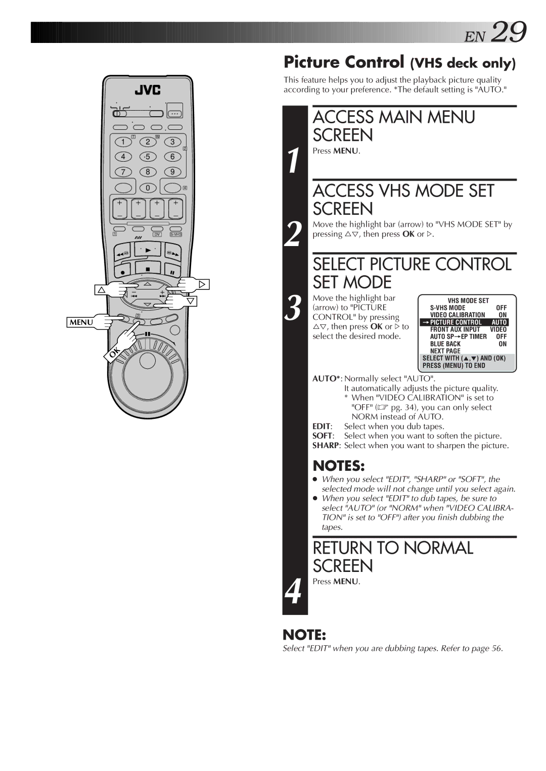 JVC SR-VS20U manual Access VHS Mode SET, SET Mode, Picture Control VHS deck only 