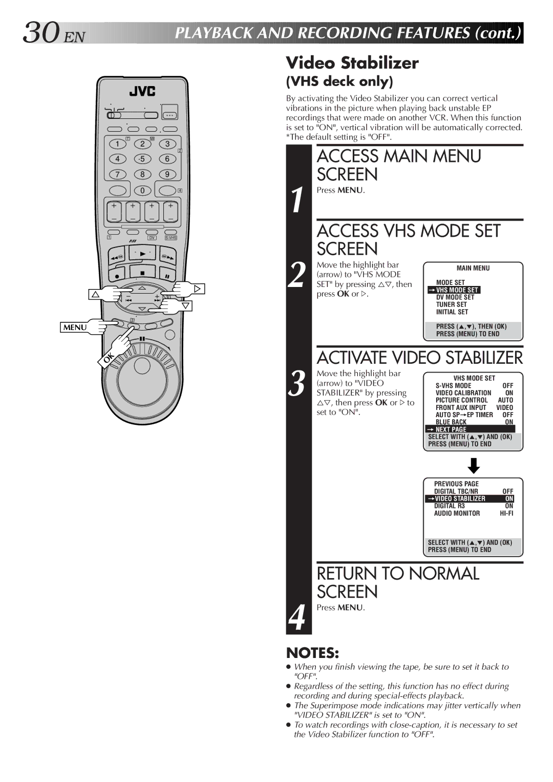 JVC SR-VS20U manual Video Stabilizer 