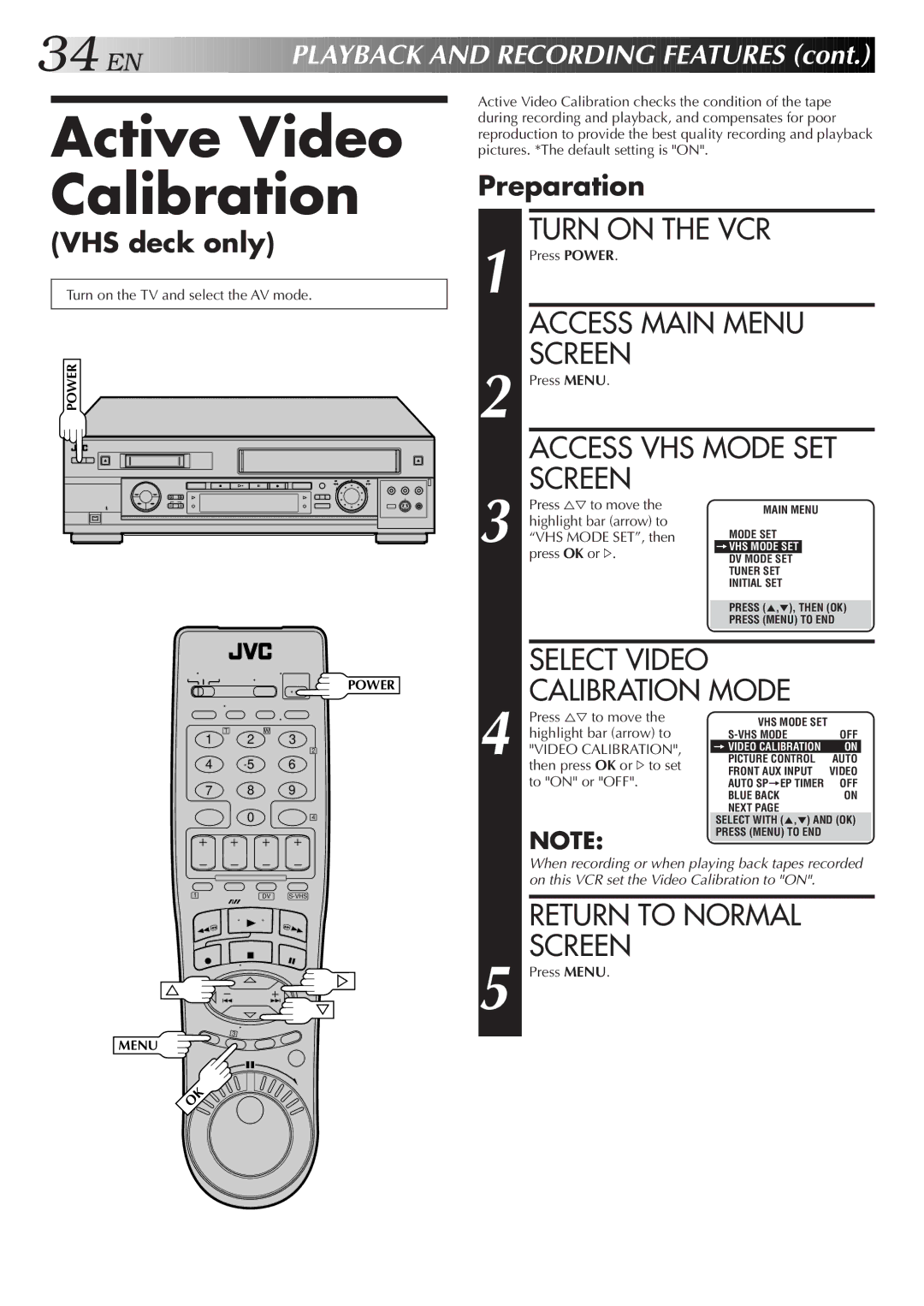 JVC SR-VS20U manual Active Video Calibration, VHS deck only 