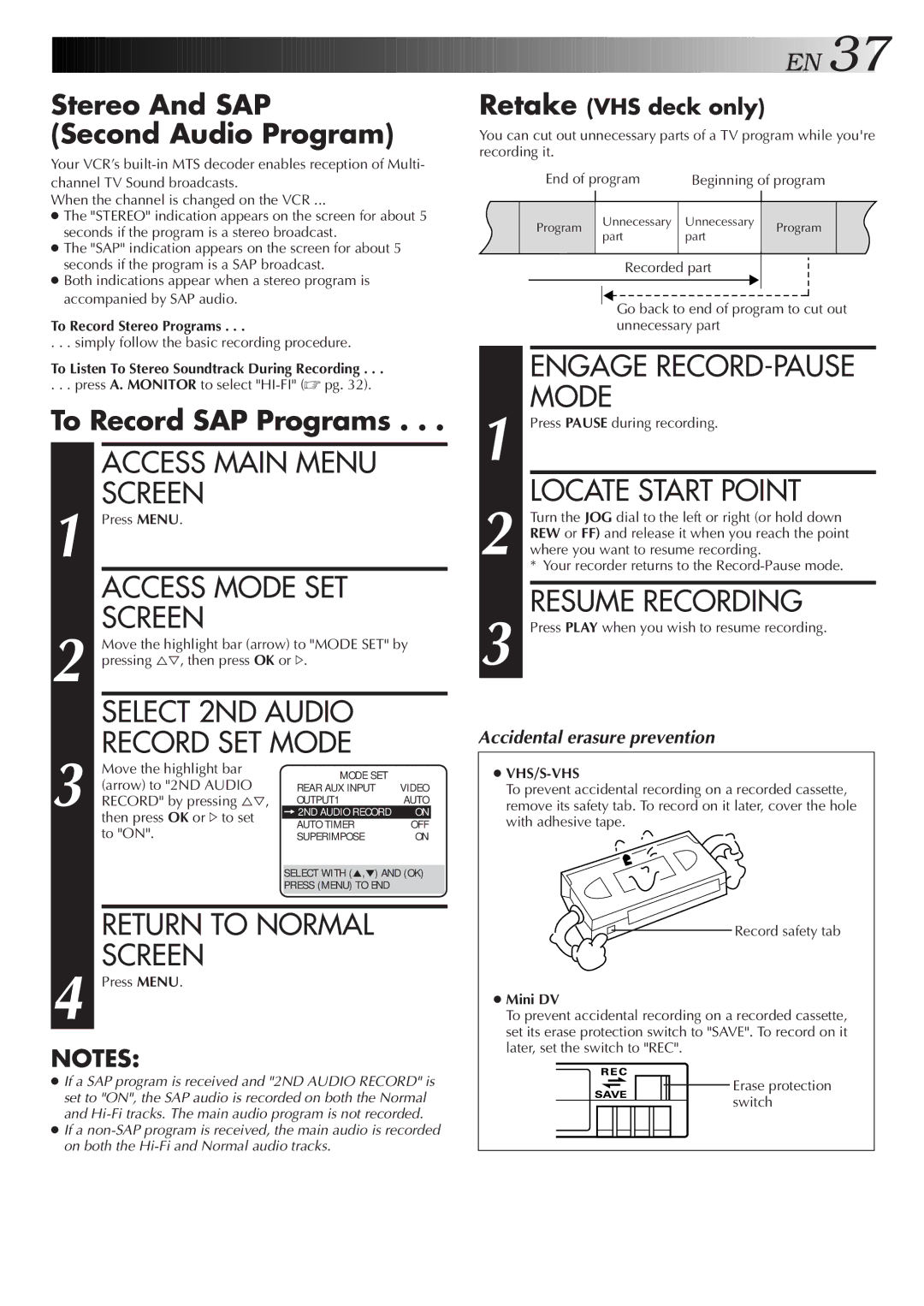 JVC SR-VS20U manual Select 2ND Audio Record SET Mode, Engage RECORD-PAUSE Mode, Locate Start Point, Resume Recording 