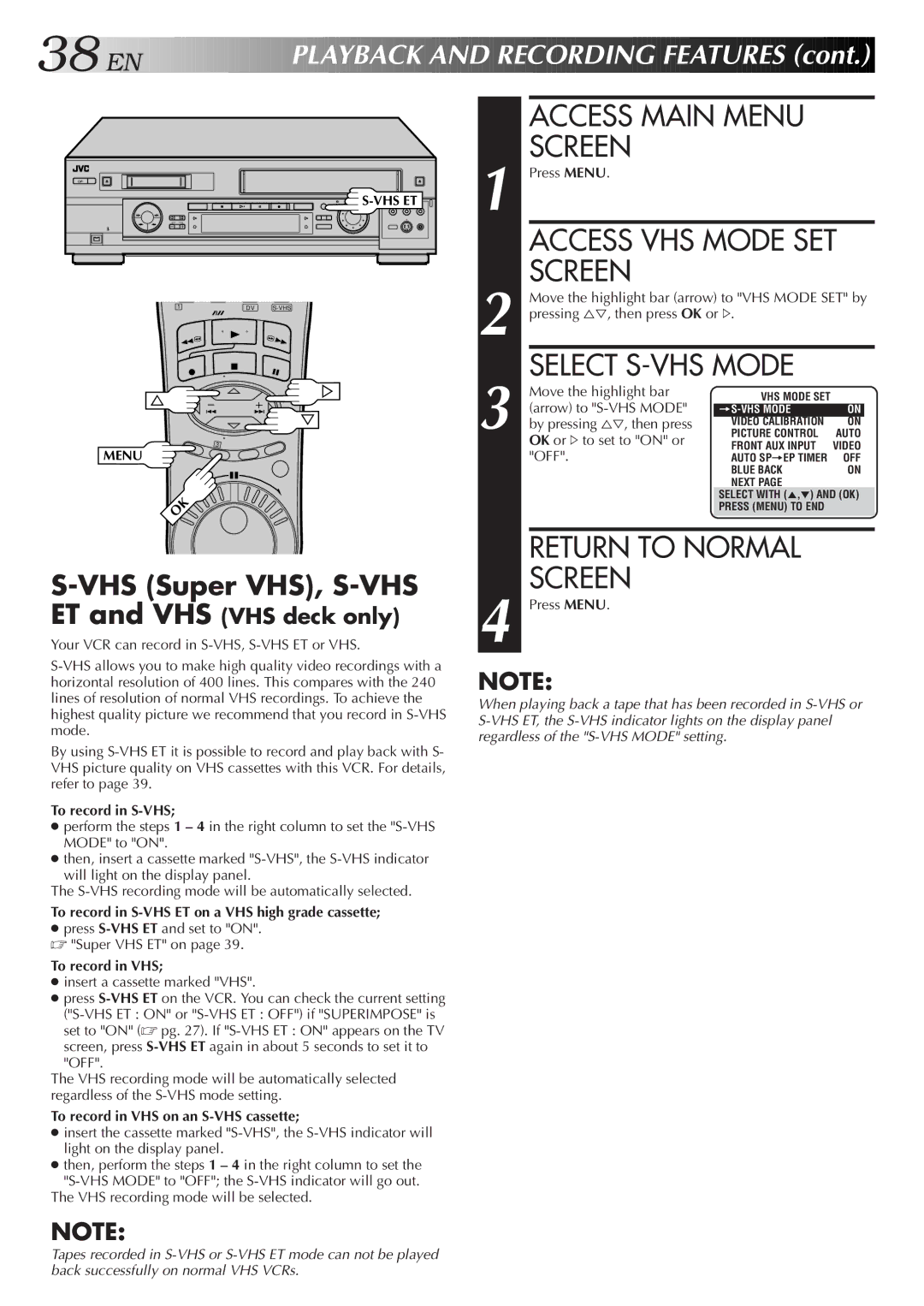 JVC SR-VS20U manual Select S-VHS Mode, VHS Super VHS, S-VHS, ET and VHS VHS deck only 