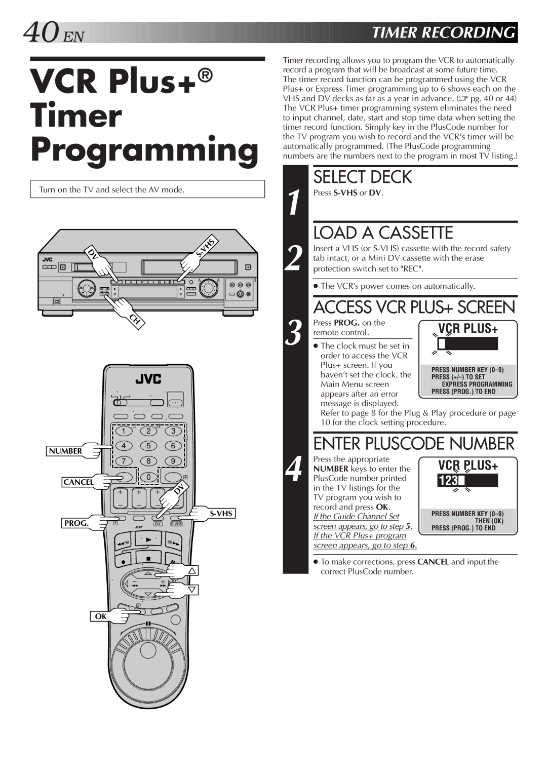 JVC SR-VS20U VCR Plus+ Timer Programming, Enter Pluscode Number, EN Timer Recording, Press PROG. on the remote control 