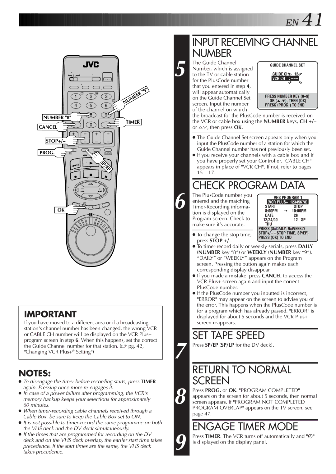 JVC SR-VS20U manual Input Receiving Channel Number, Check Program Data, Engage Timer Mode 