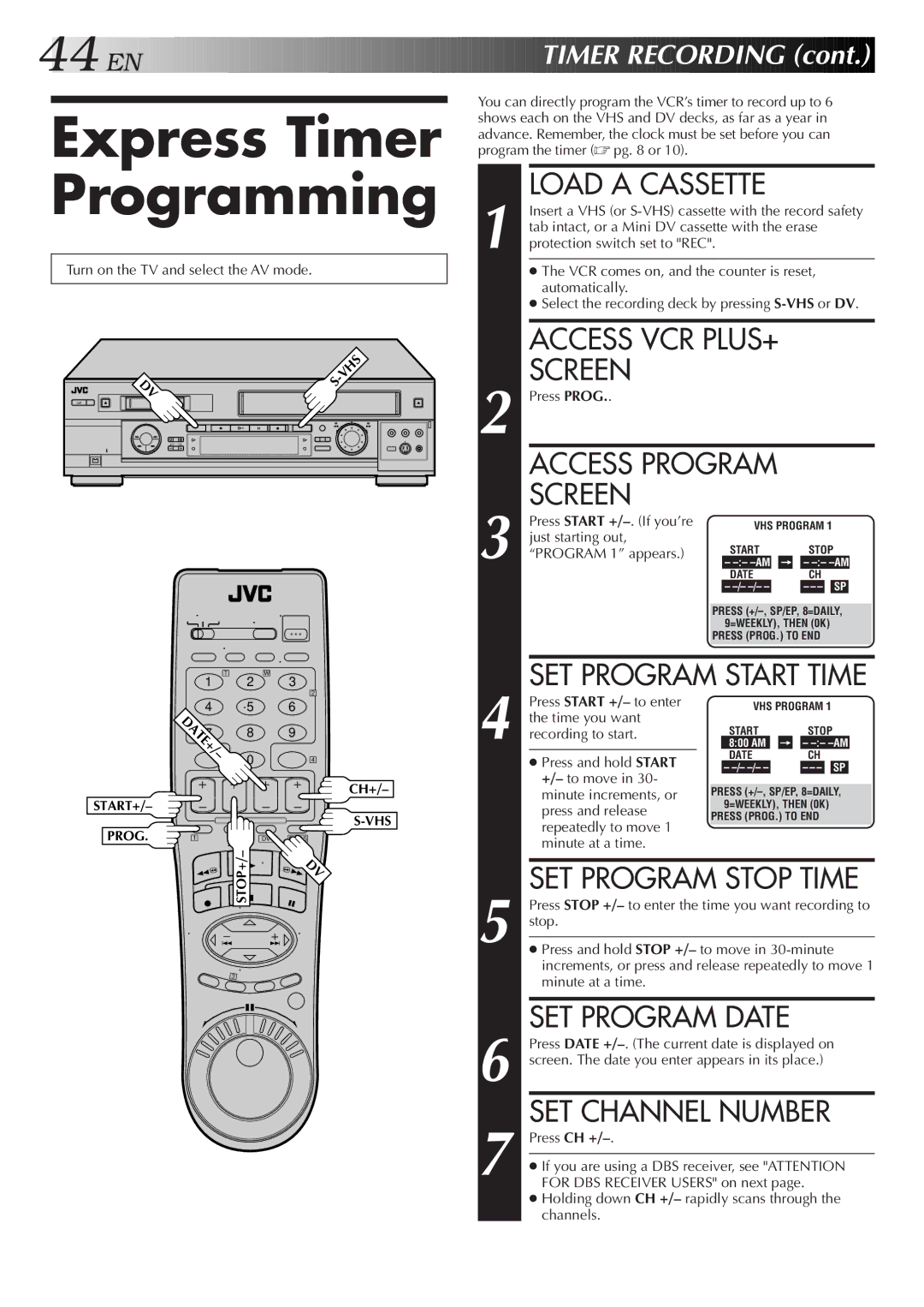 JVC SR-VS20U manual Express Timer, SET Program Stop Time, SET Program Date, SET Channel Number 