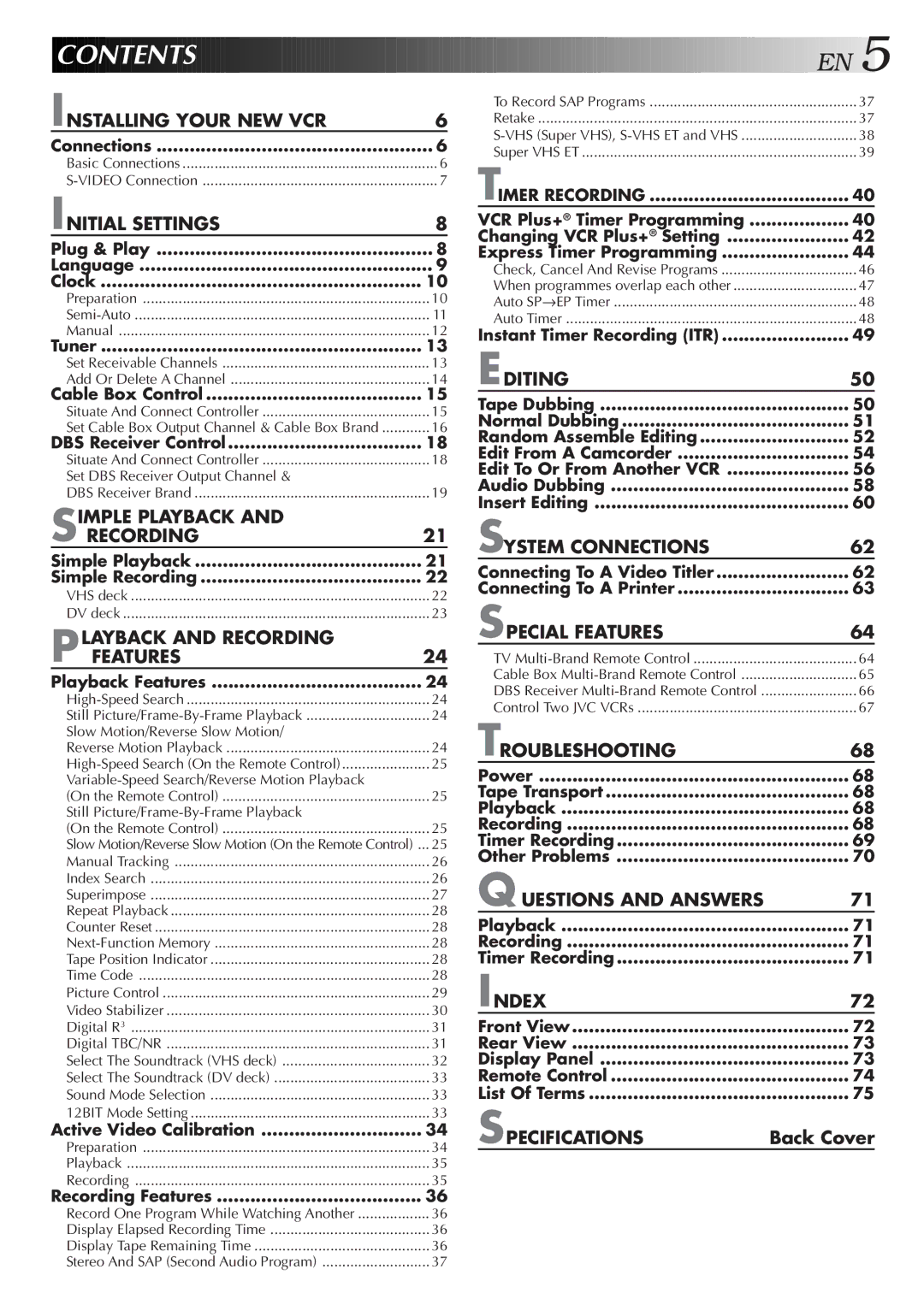 JVC SR-VS20U manual Contents 