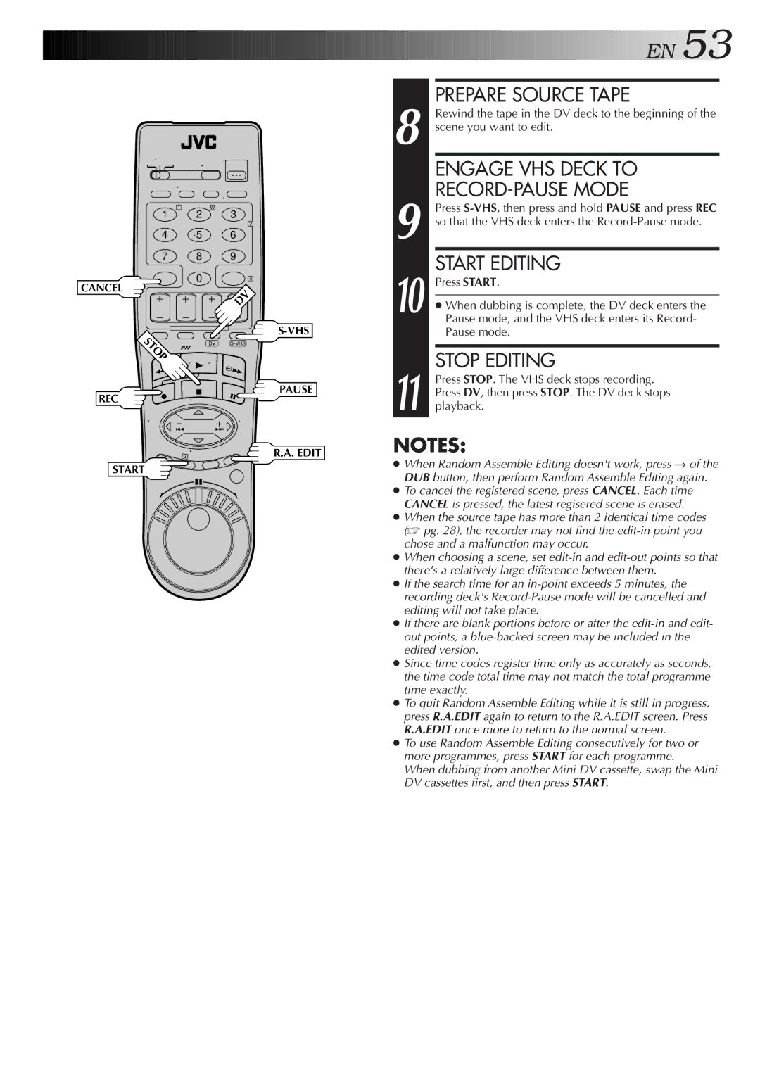 JVC SR-VS20U manual Prepare Source Tape, Engage VHS Deck to, RECORD-PAUSE Mode, Start Editing, Stop Editing 