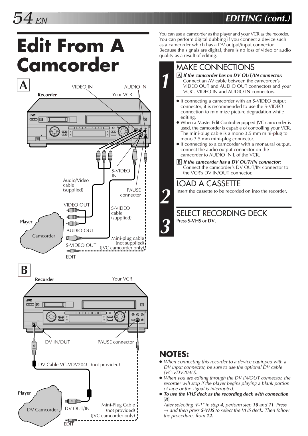 JVC SR-VS20U manual Make Connections, Load a Cassette, Player, Recorder Your VCR 