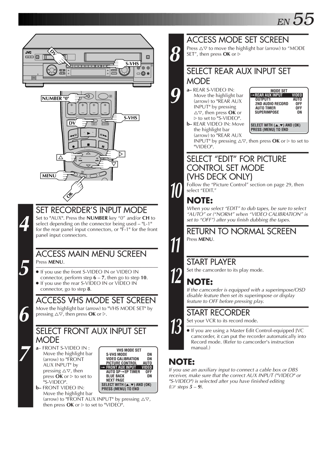 JVC SR-VS20U manual SET RECORDER’S Input Mode, Select Front AUX Input SET, Select Edit for Picture, Control SET Mode 