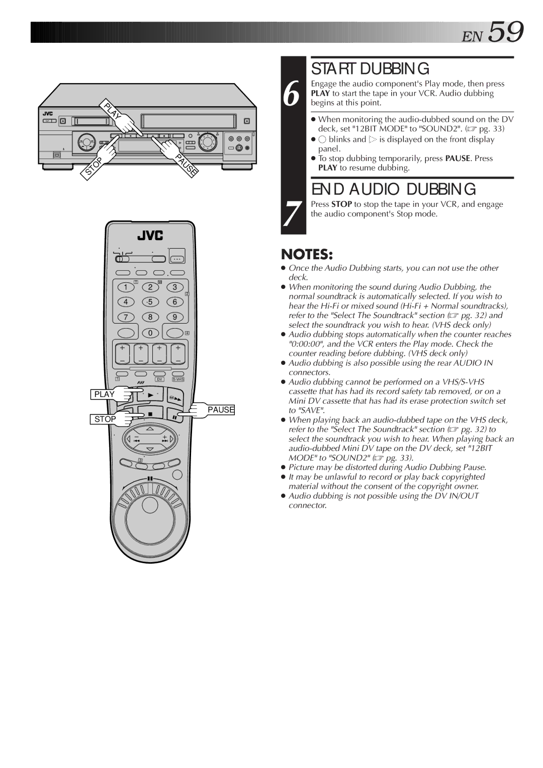 JVC SR-VS20U manual Start Dubbing, END Audio Dubbing 