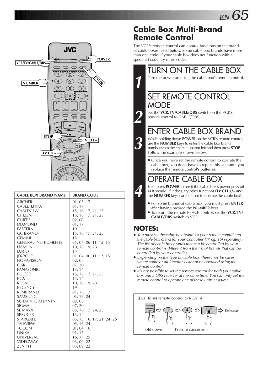 JVC SR-VS20U manual Turn on the Cable BOX, Operate Cable BOX, Cable Box Multi-Brand Remote Control 