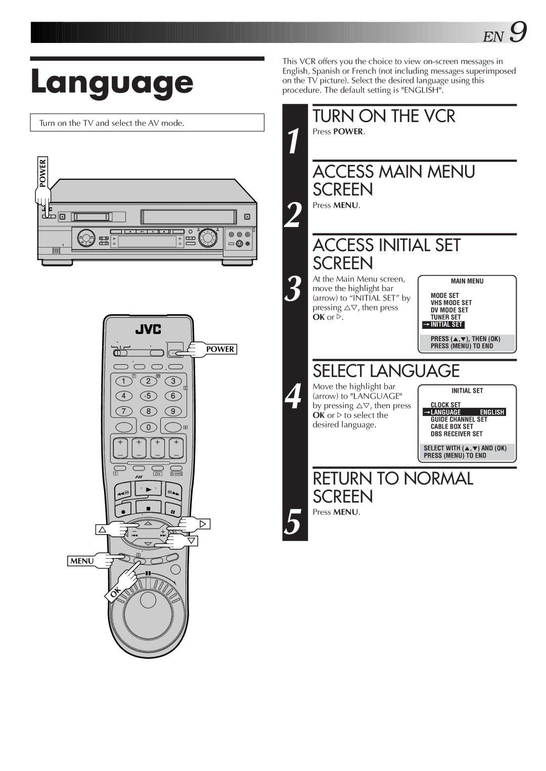 JVC SR-VS20U manual Language 