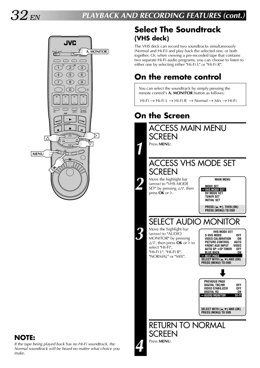 JVC SR-VS20U manual 32 EN, Select The Soundtrack, On the remote control, On the Screen, VHS deck 