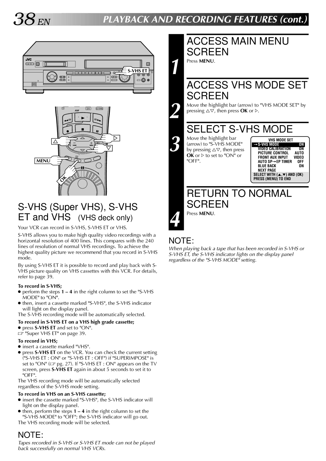 JVC SR-VS20U manual 38 EN, Access VHS Mode SET, Select S-VHS Mode, VHS Super VHS, S-VHS, ET and VHS VHS deck only 