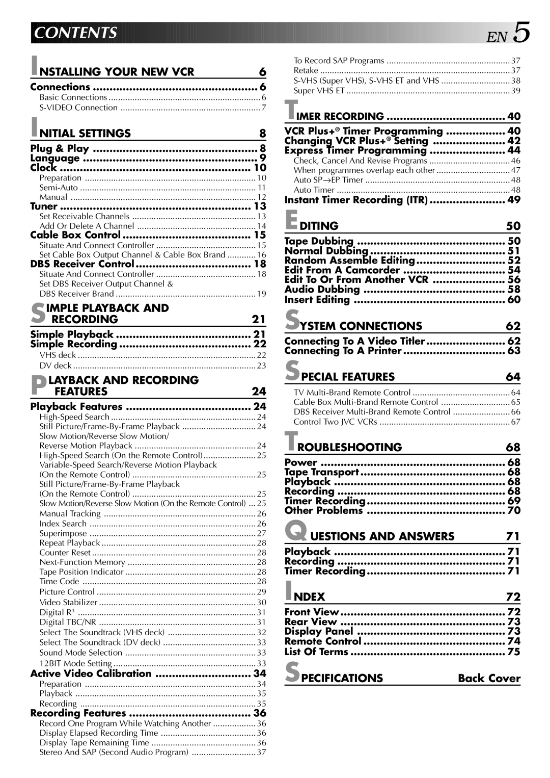 JVC SR-VS20U manual Contents 