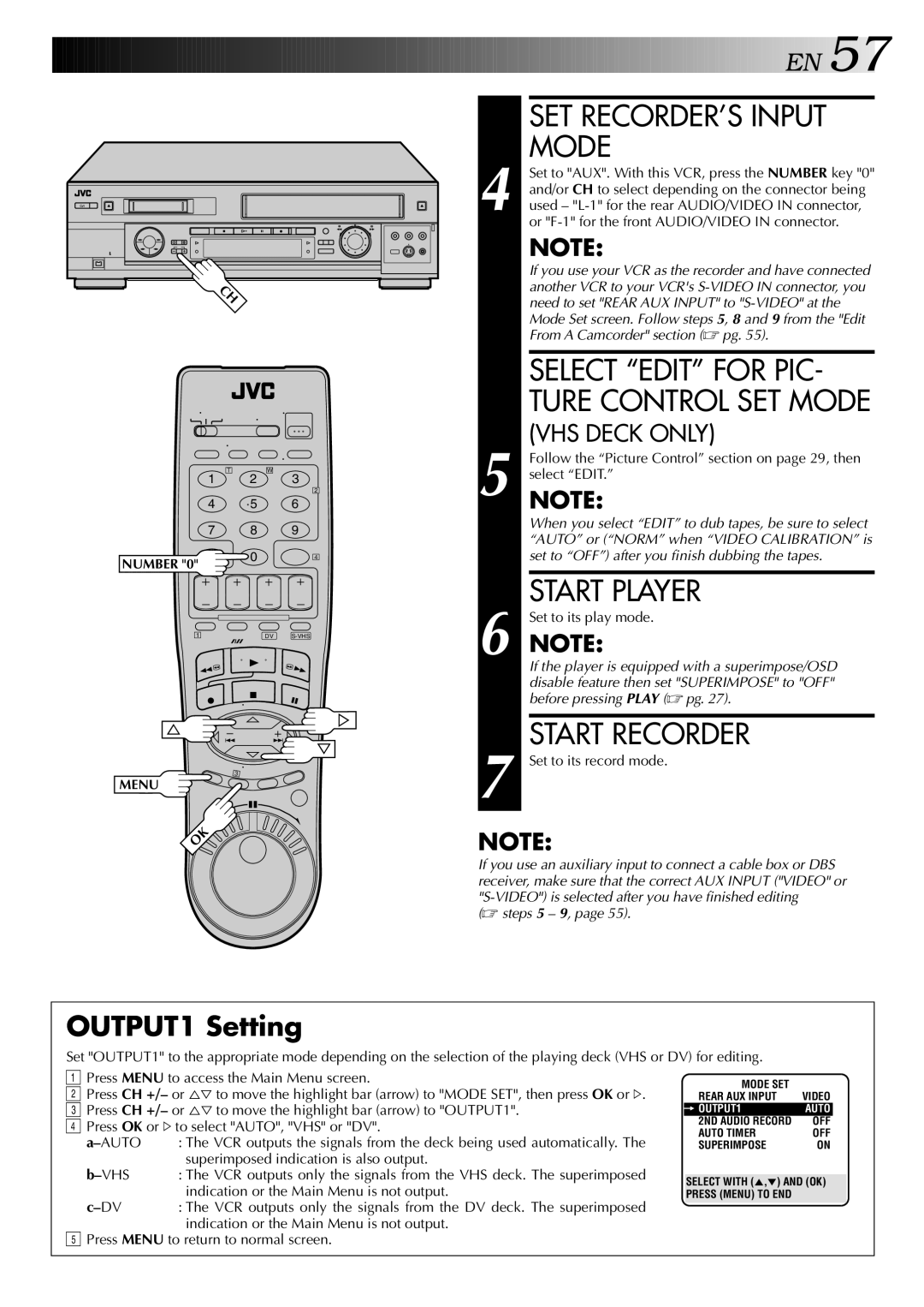 JVC SR-VS20U manual SET RECORDER’S Input Mode, Select Edit for PIC, Start Player, Start Recorder, OUTPUT1 Setting 