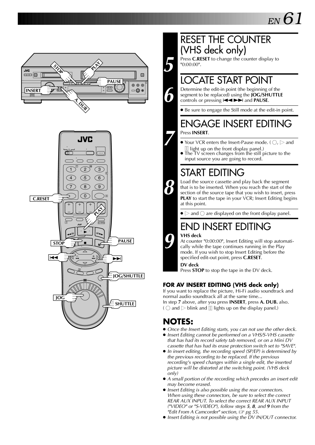 JVC SR-VS20U manual Reset the Counter, Engage Insert Editing, Start Editing, END Insert Editing 