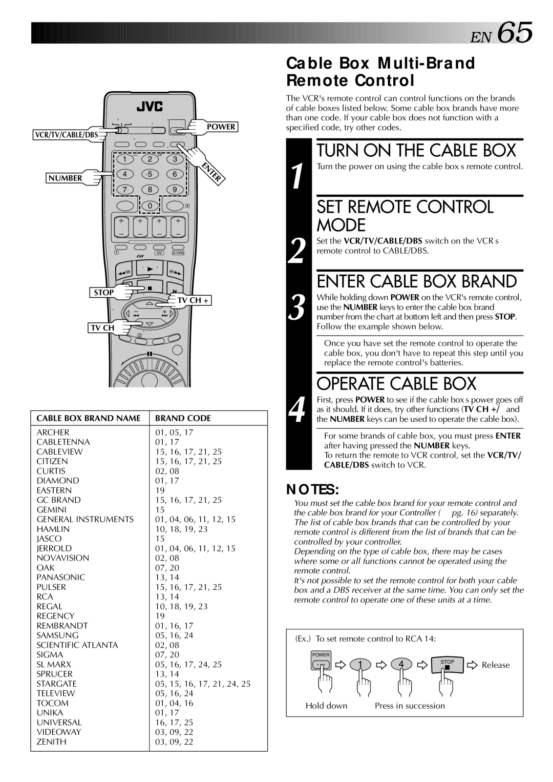 JVC SR-VS20U manual Turn on the Cable BOX, Operate Cable BOX, Cable Box Multi-Brand Remote Control 