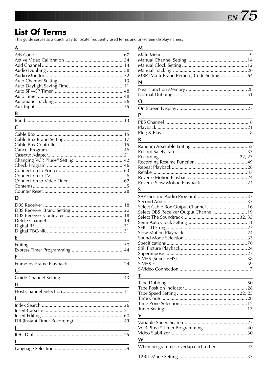 JVC SR-VS20U manual List Of Terms, Express Timer Programming, Plug & Play Random Assemble Editing Record Safety Tab 