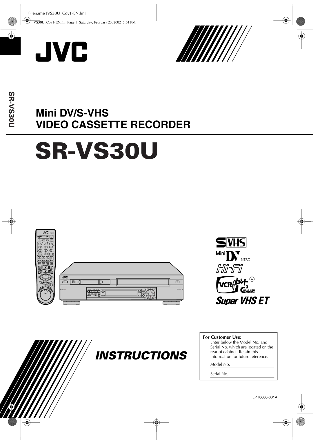 JVC SR-VS30U manual Video Cassette Recorder, For Customer Use 