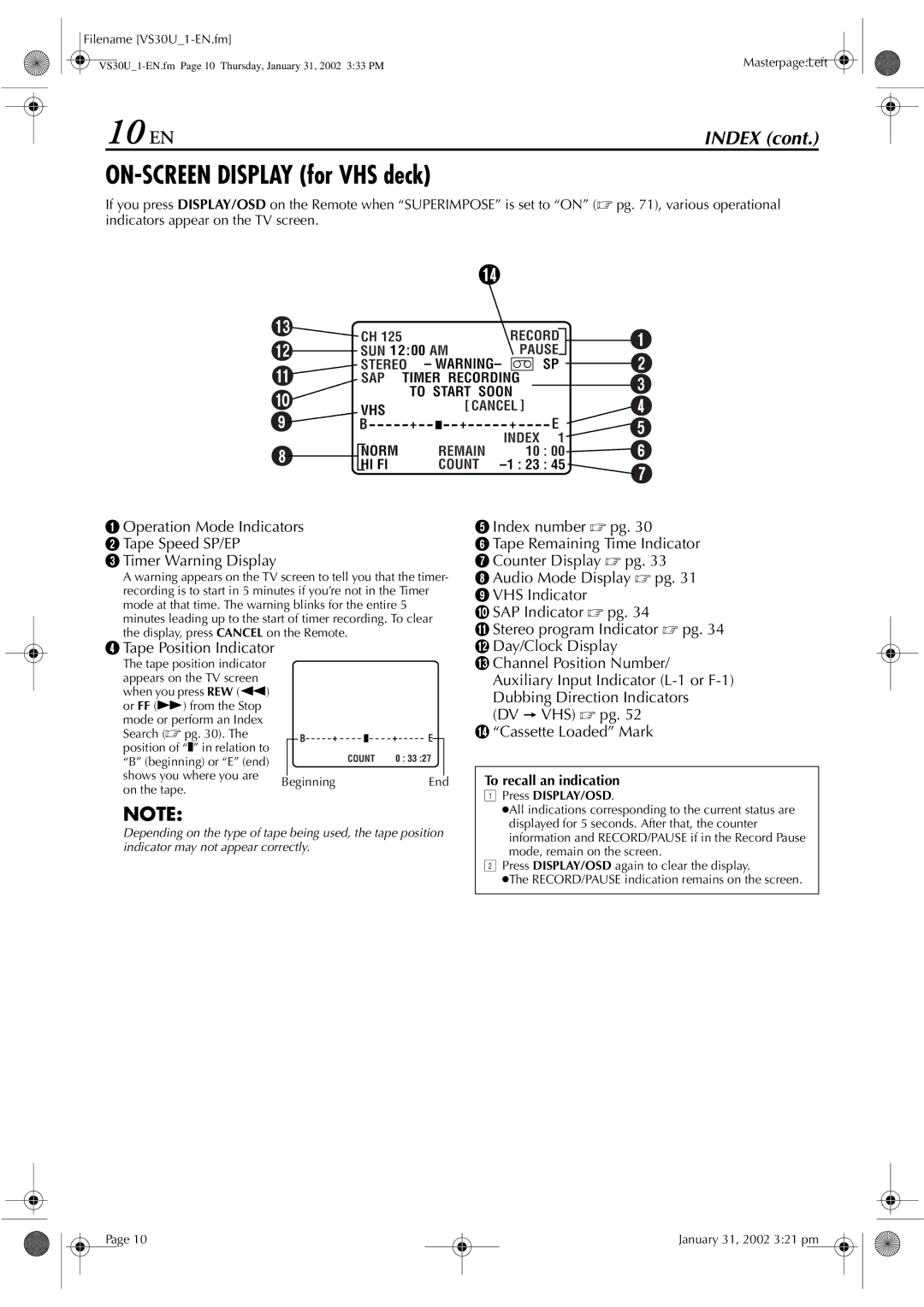 JVC SR-VS30U manual 10 EN, ON-SCREEN Display for VHS deck, To recall an indication, Press DISPLAY/OSD 