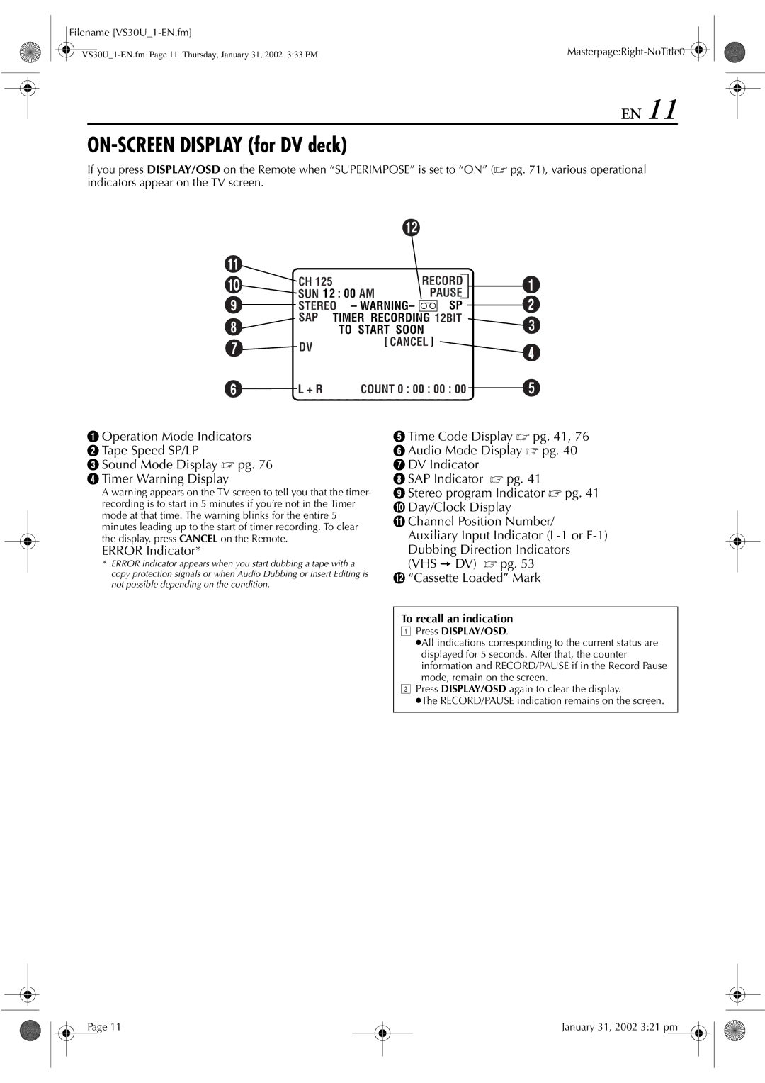 JVC SR-VS30U manual ON-SCREEN Display for DV deck 