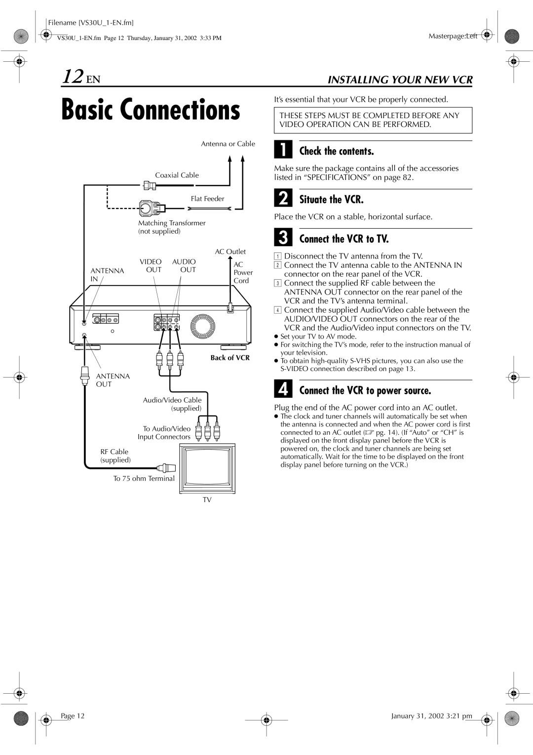 JVC SR-VS30U manual 12 EN, Check the contents, Situate the VCR, Connect the VCR to TV, Connect the VCR to power source 