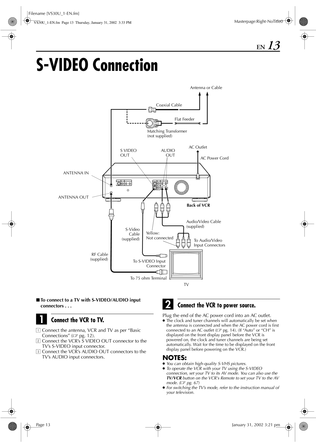 JVC SR-VS30U manual Video Connection, 8To connect to a TV with S-VIDEO/AUDIO input connectors 