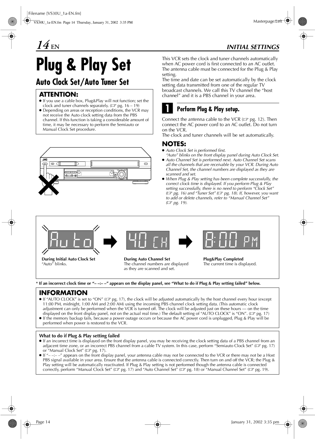 JVC SR-VS30U manual Plug & Play Set, 14 EN, Auto Clock Set/Auto Tuner Set, Perform Plug & Play setup 