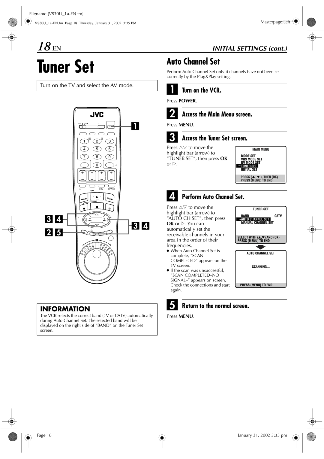 JVC SR-VS30U manual 18 EN, Access the Tuner Set screen, Perform Auto Channel Set 