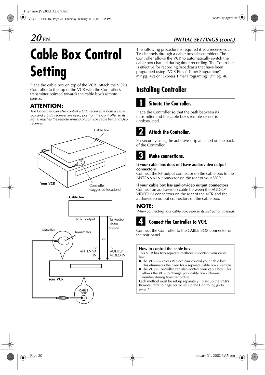 JVC SR-VS30U manual 20 EN, Installing Controller 