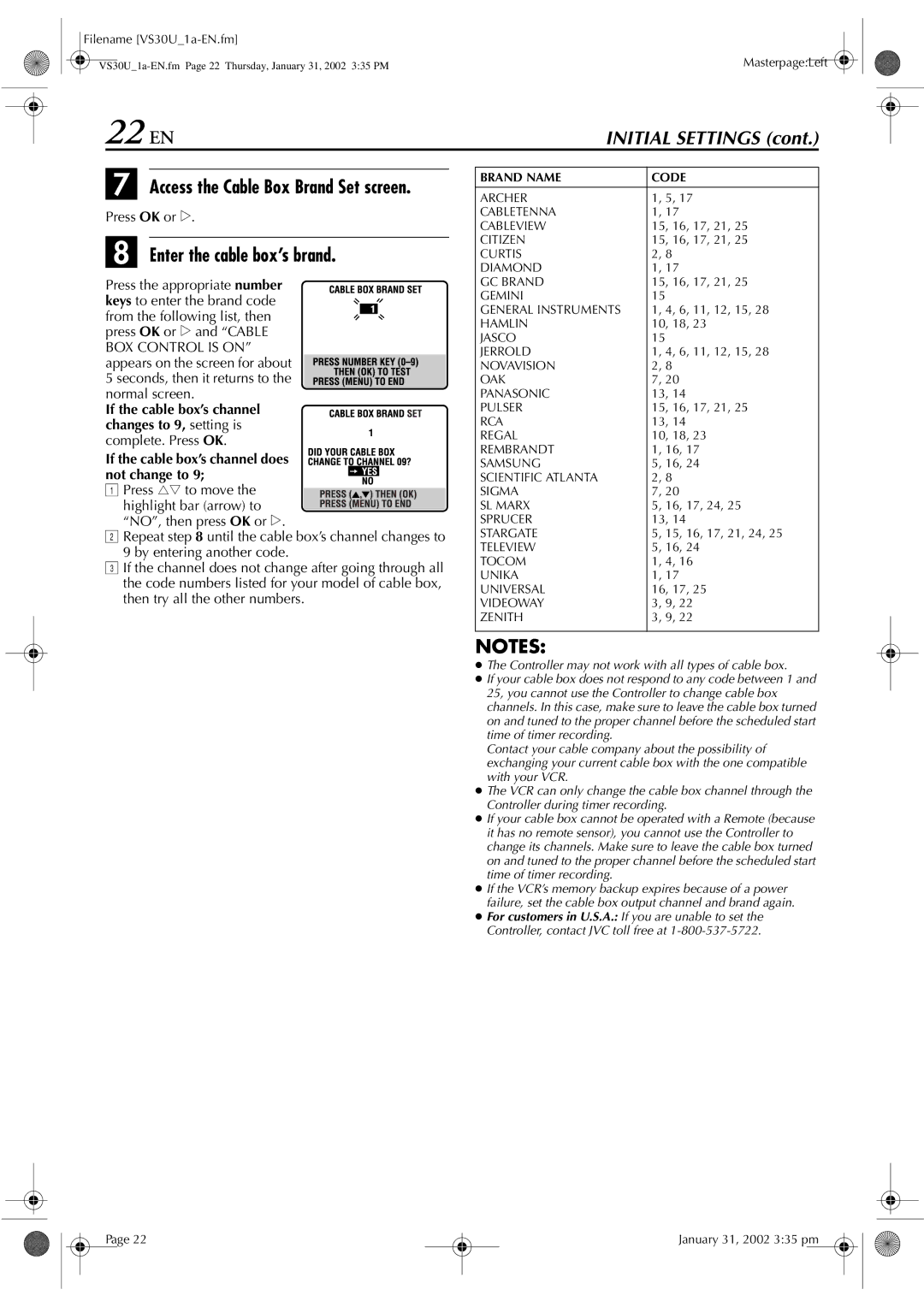 JVC SR-VS30U manual 22 EN, Enter the cable box’s brand, If the cable box’s channel does not change to 