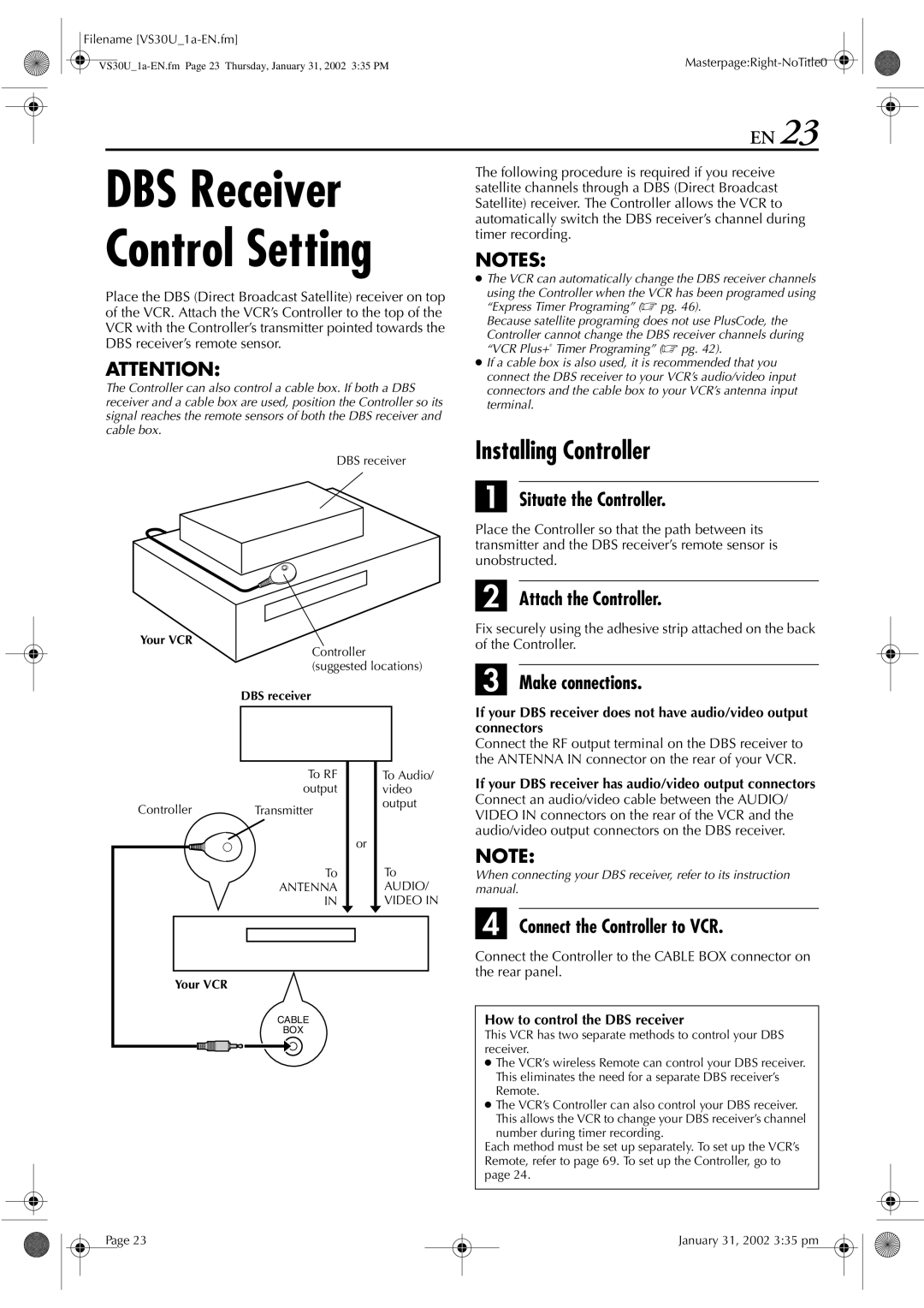 JVC SR-VS30U manual If your DBS receiver has audio/video output connectors, How to control the DBS receiver 