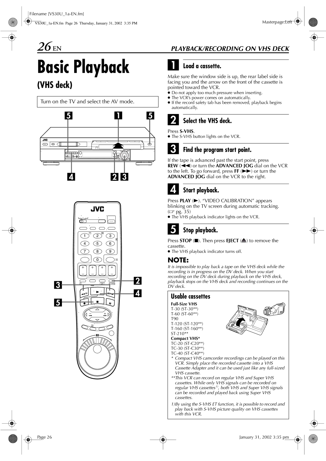 JVC SR-VS30U manual Basic Playback, VHS deck 