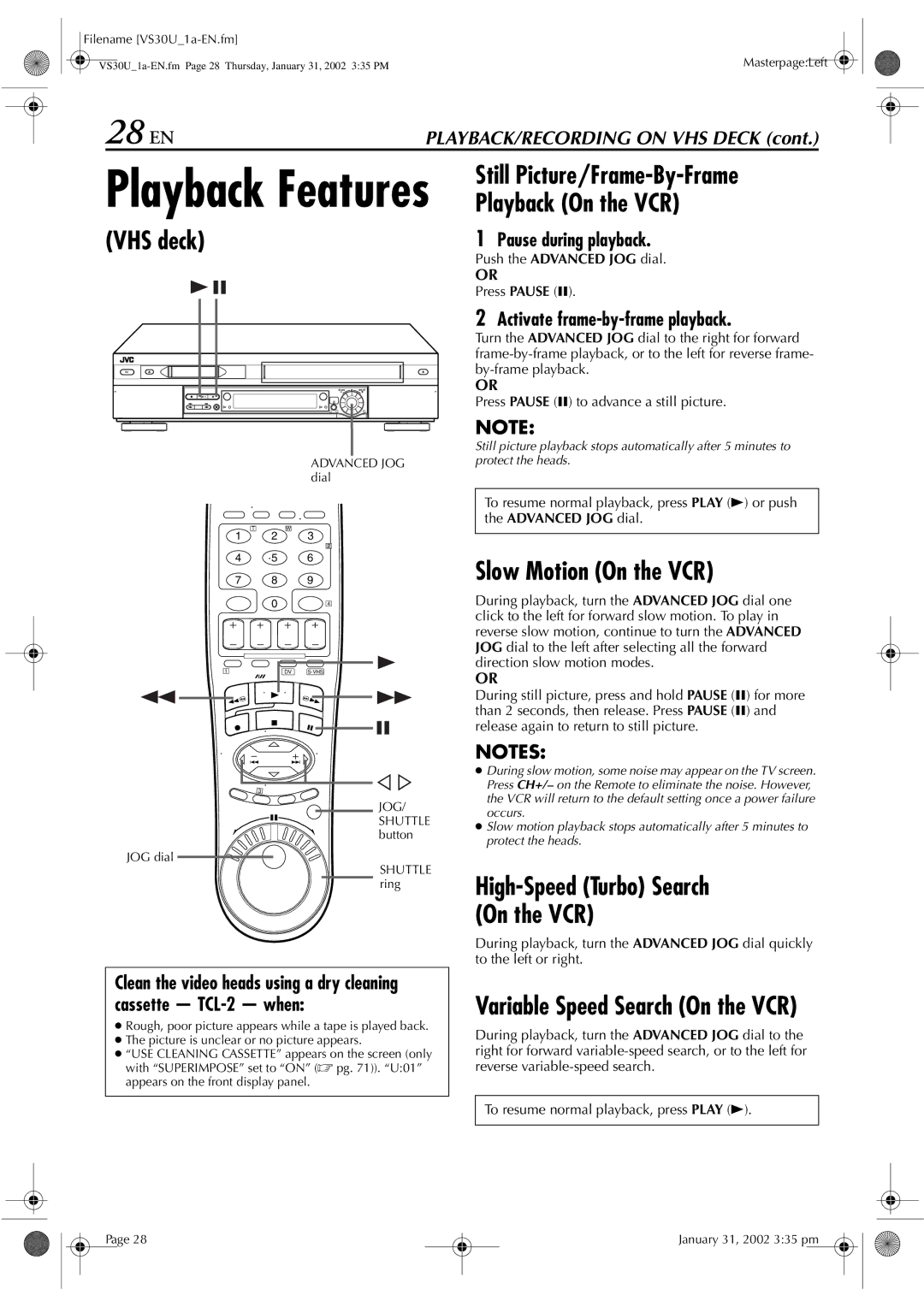 JVC SR-VS30U manual 28 EN, Still Picture/Frame-By-Frame, Playback On the VCR, Slow Motion On the VCR 