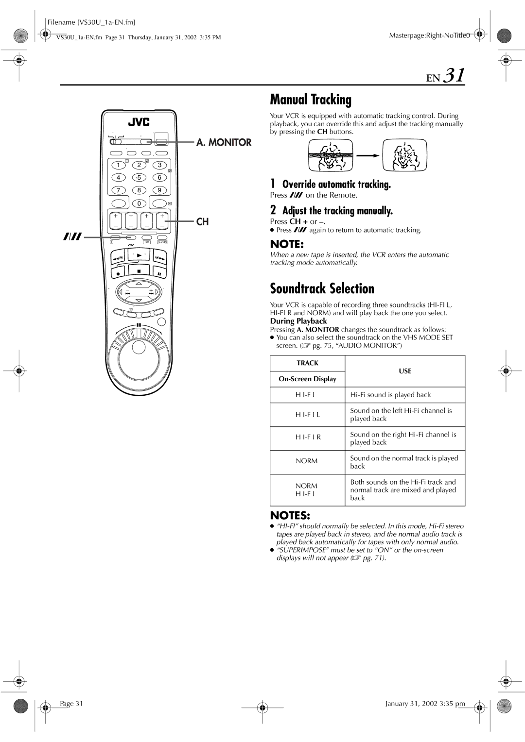 JVC SR-VS30U Manual Tracking, Soundtrack Selection, Override automatic tracking, Adjust the tracking manually 