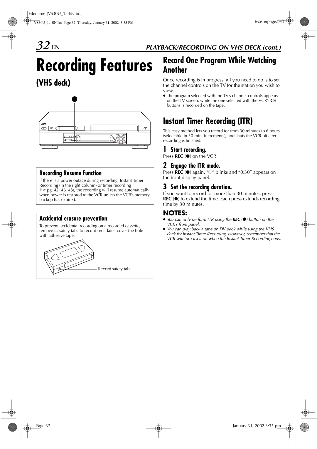 JVC SR-VS30U manual 32 EN, VHS deck Record One Program While Watching Another, Instant Timer Recording ITR 
