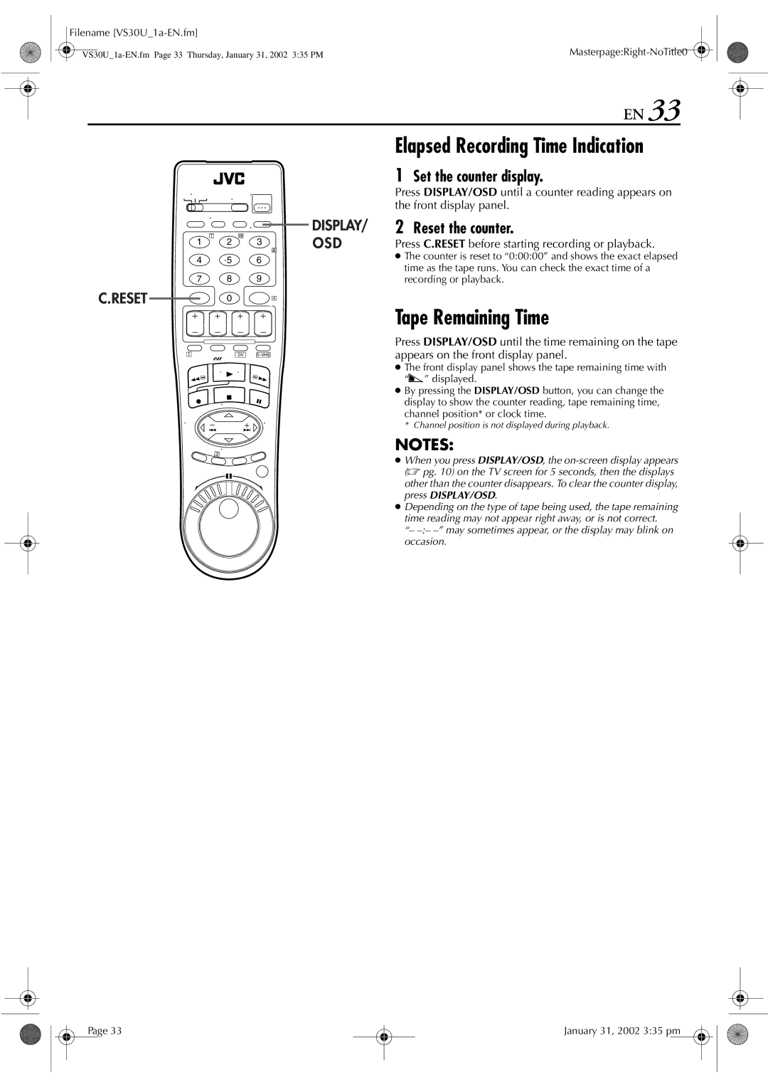 JVC SR-VS30U manual Elapsed Recording Time Indication, Tape Remaining Time, Set the counter display, Reset the counter 