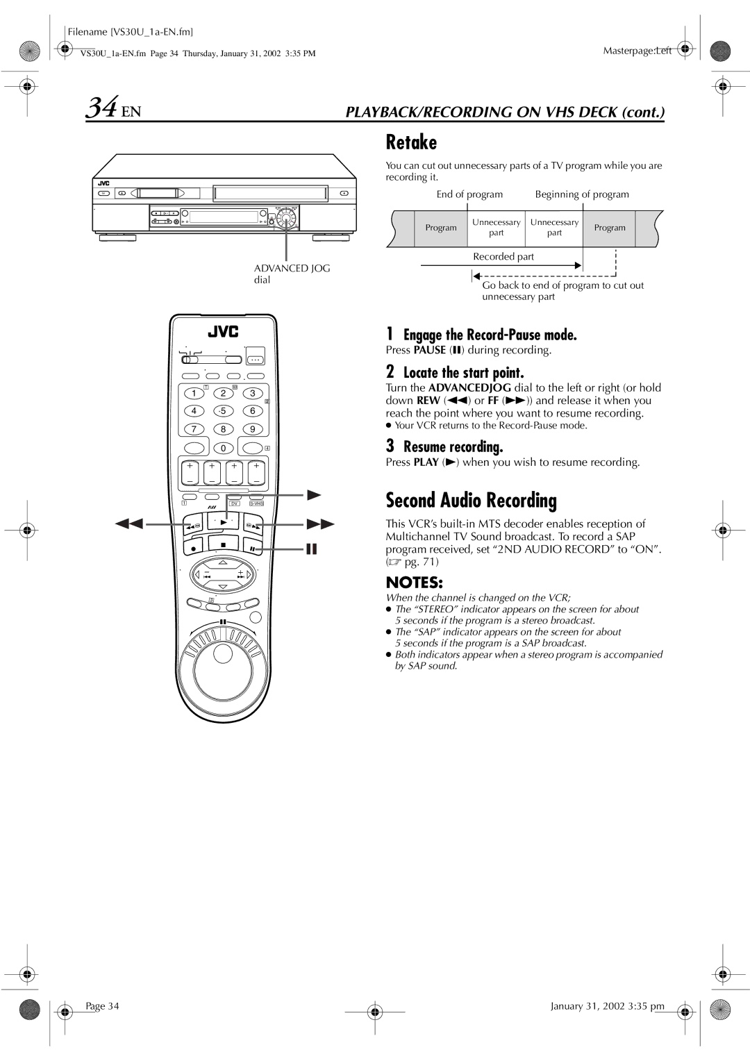 JVC SR-VS30U manual 34 EN, Retake, Second Audio Recording 