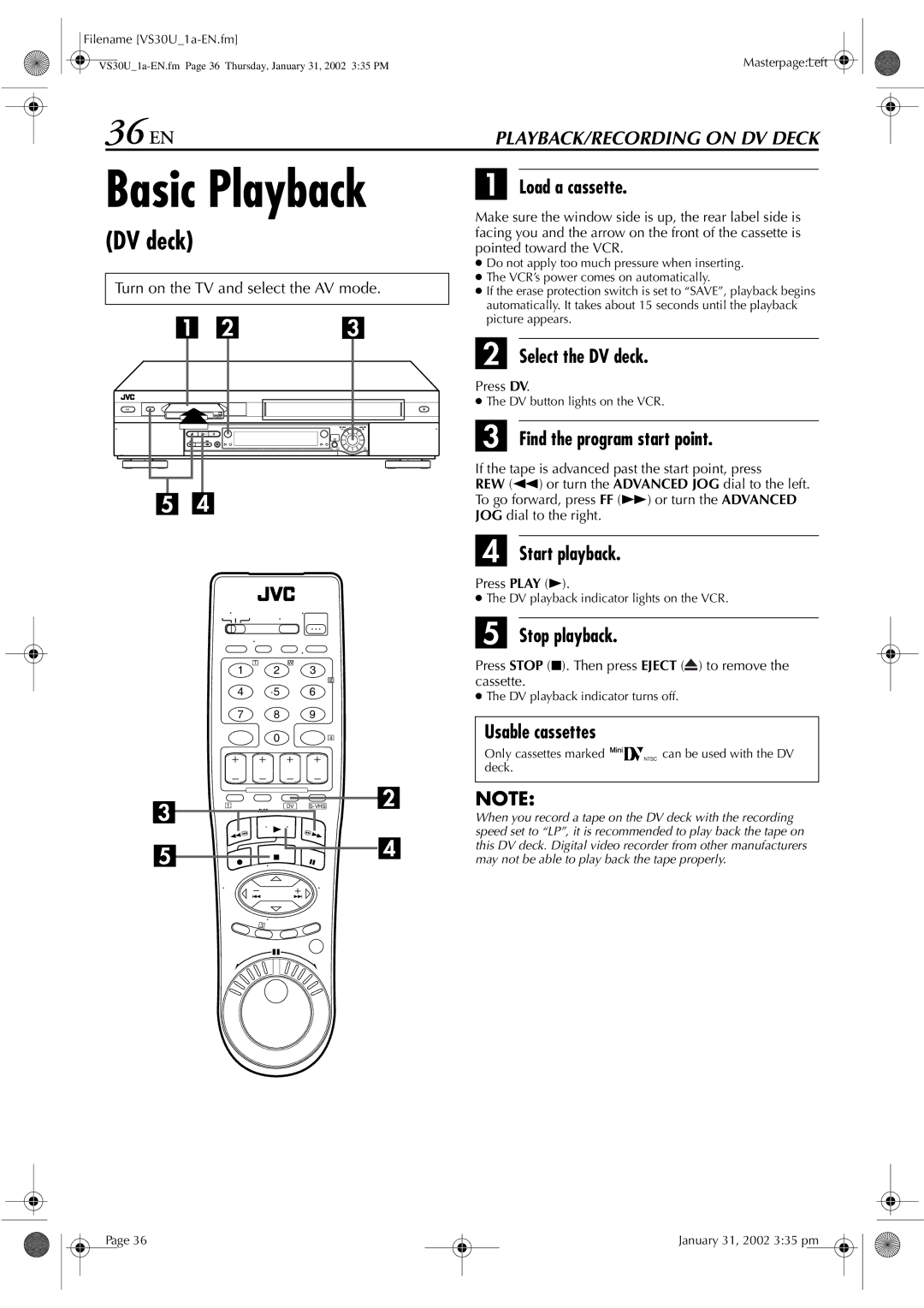 JVC SR-VS30U manual Select the DV deck, Press DV 