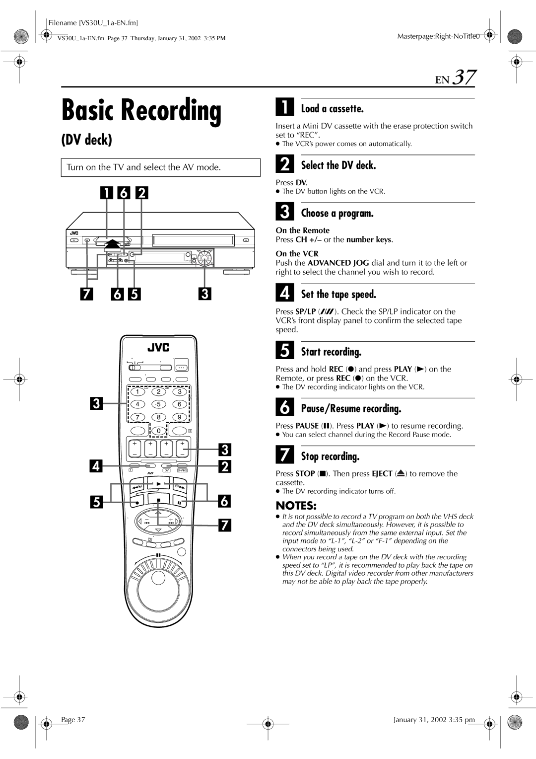 JVC SR-VS30U manual DV recording indicator lights on the VCR 