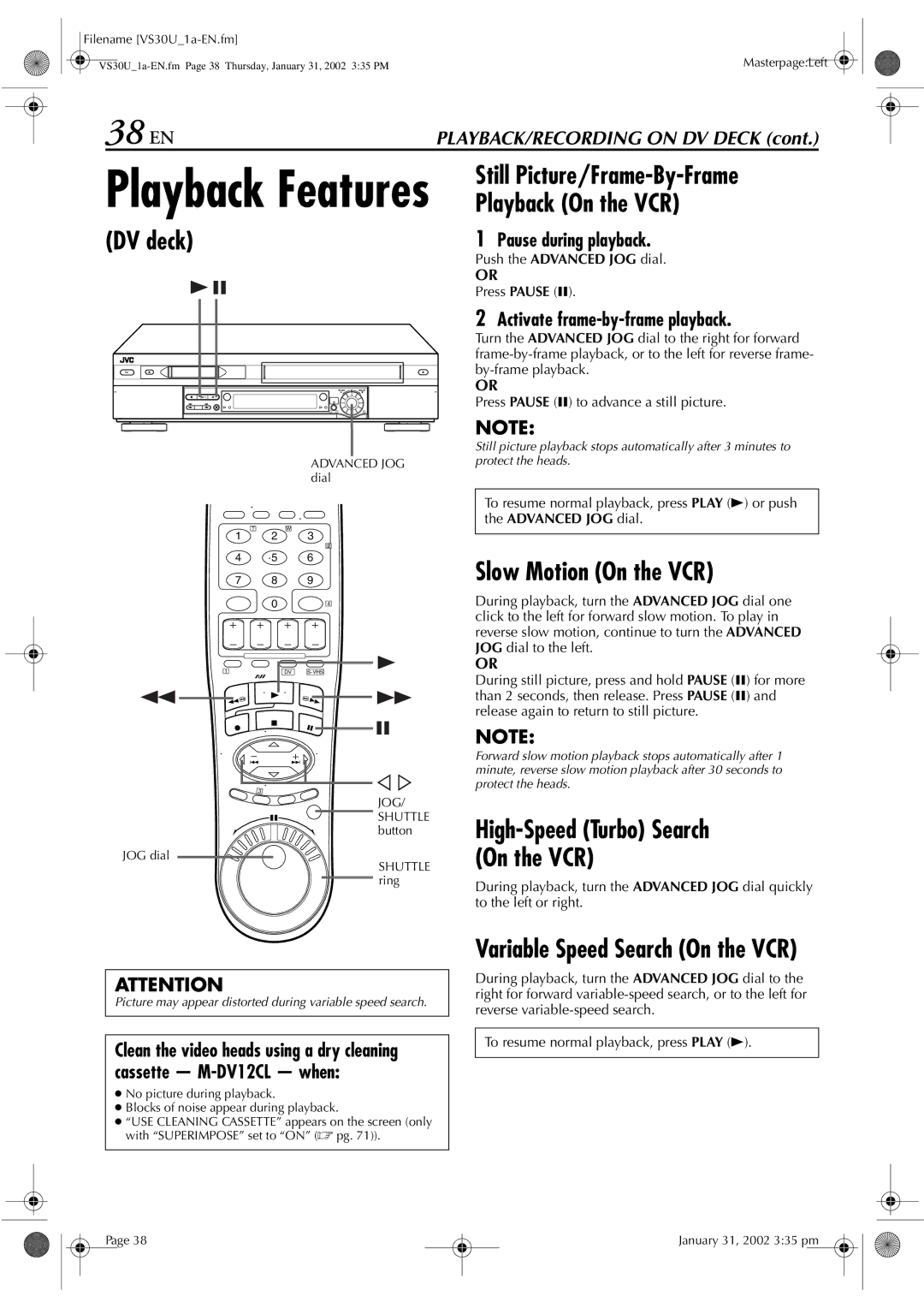 JVC SR-VS30U manual 38 EN, Picture may appear distorted during variable speed search 