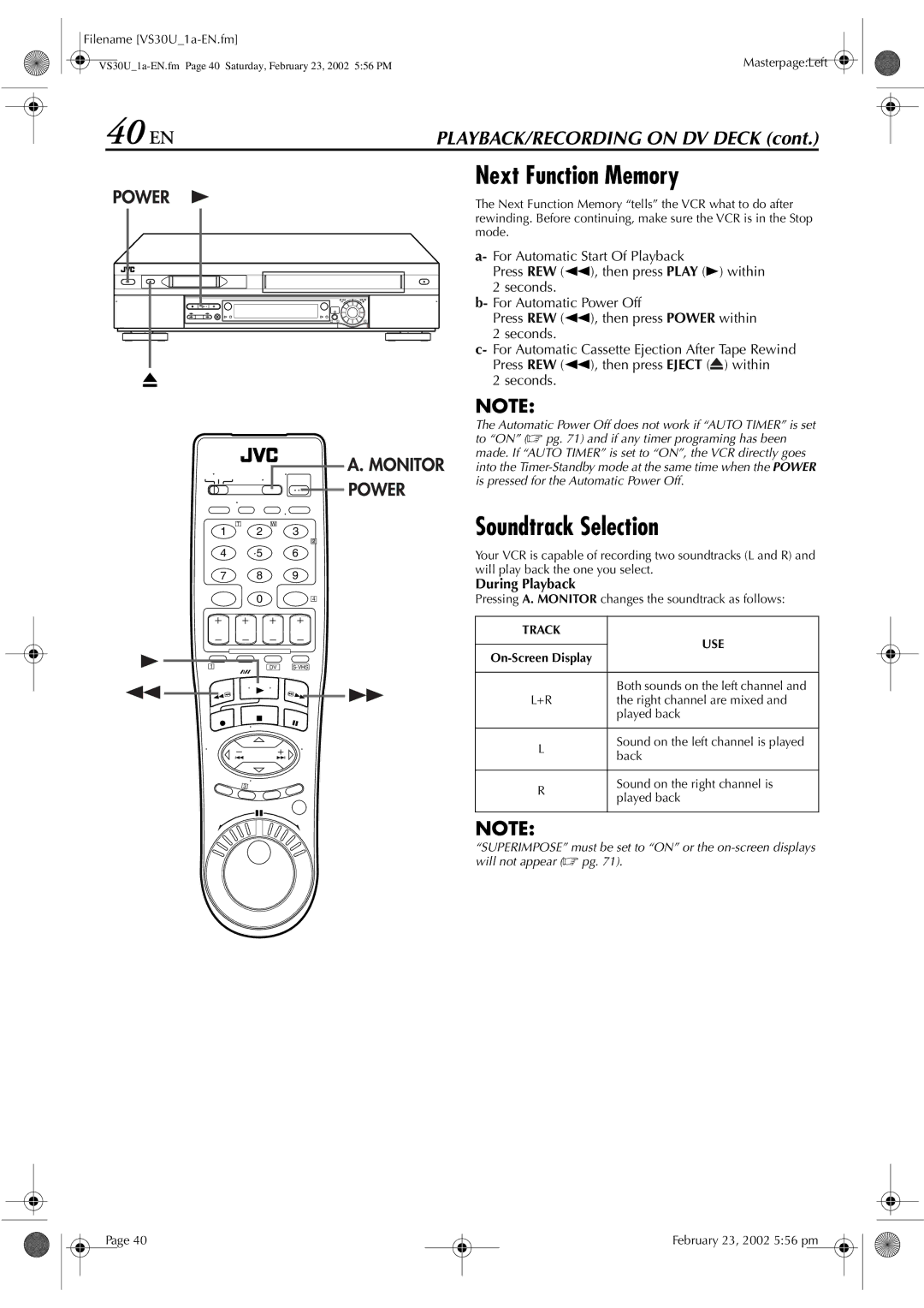 JVC SR-VS30U manual 40 EN, Next Function Memory 