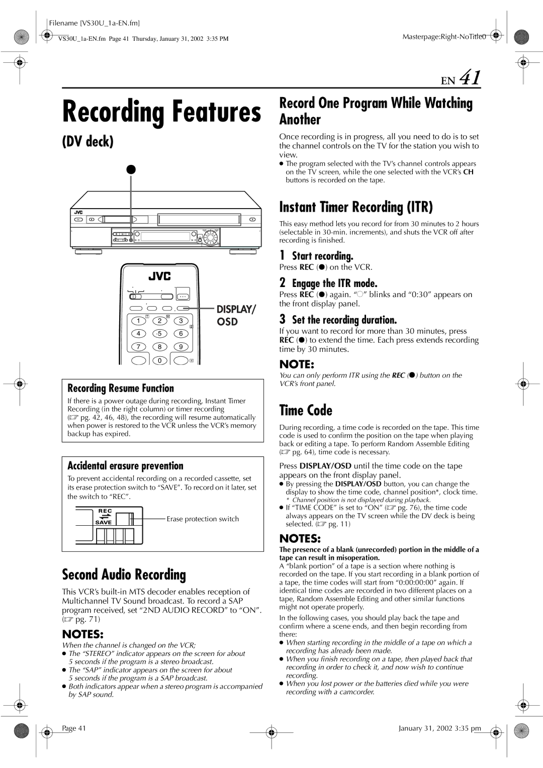 JVC SR-VS30U manual DV deck Record One Program While Watching Another, Time Code 